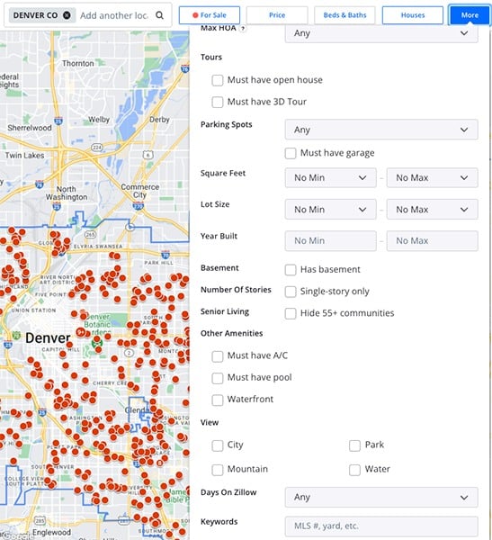 Zillow property search filters.