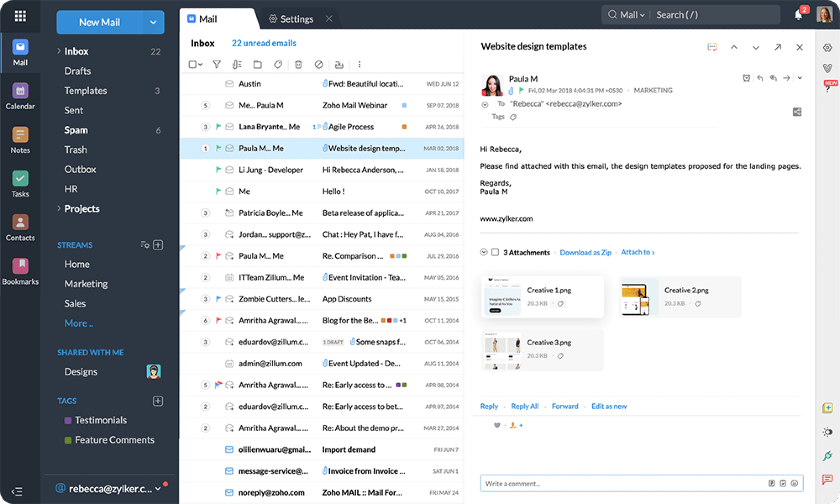 View of Zoho CRM mail module.