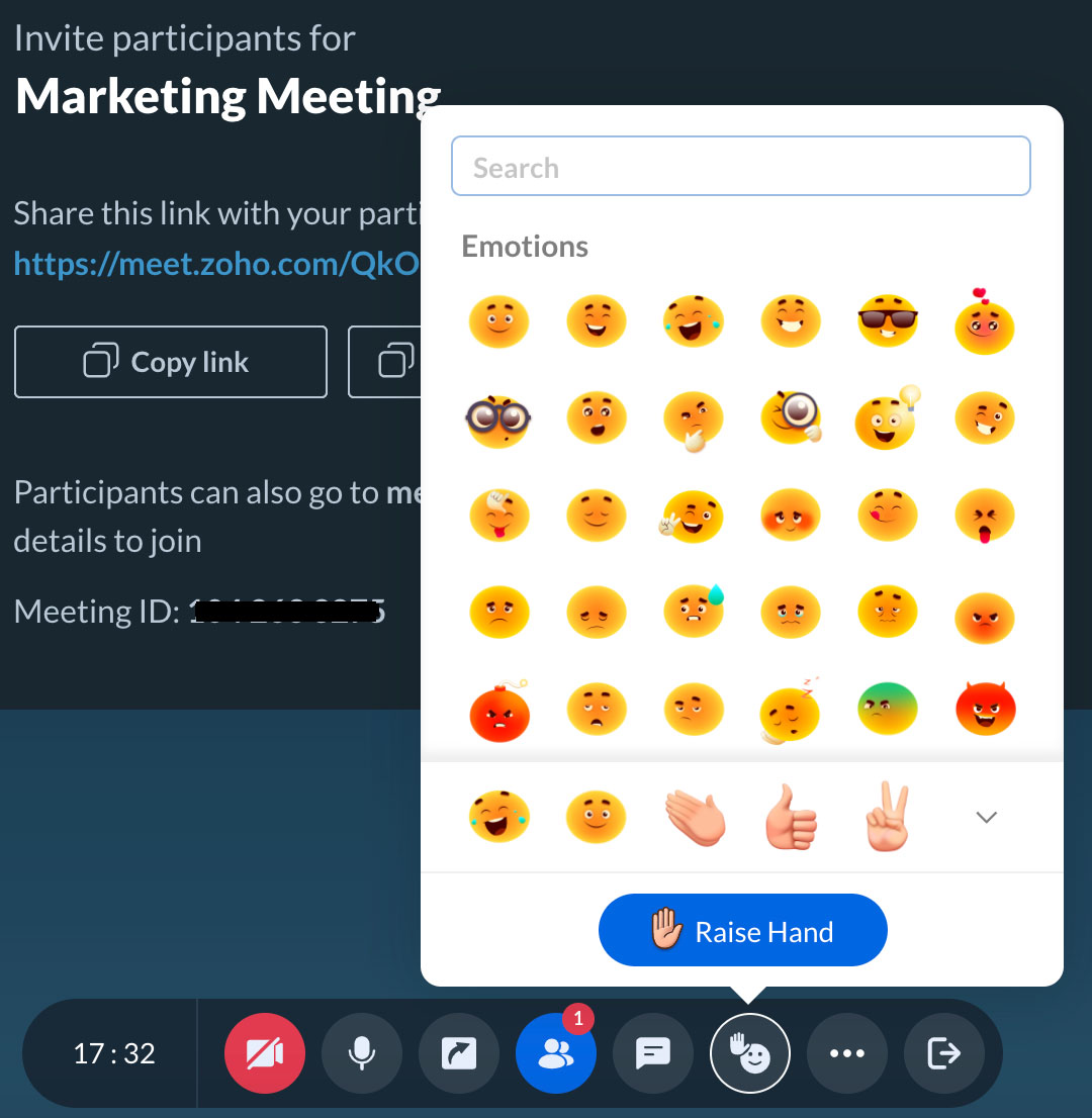Zoho Meeting invite participant link interface with an overlay of the emotion options.