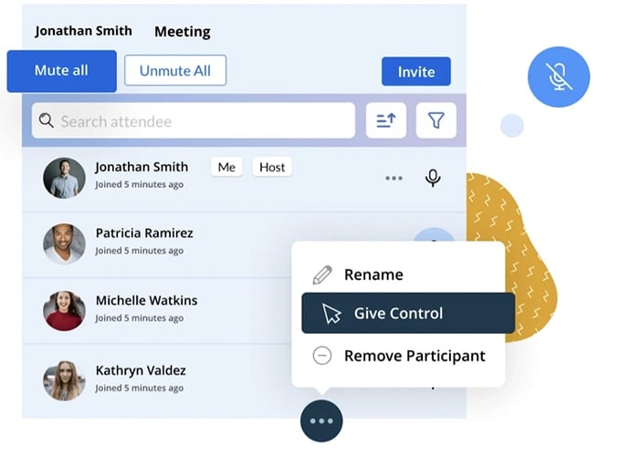 Zoho Meeting set of controls to help you manage meeting participants.