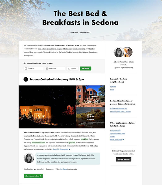 Example of a blog mentioning local bed and breakfasts in the area.