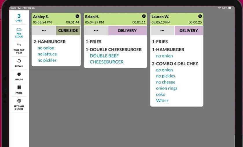 Fresh kds highlights order type, order status and menu modifiers with customizable colors.