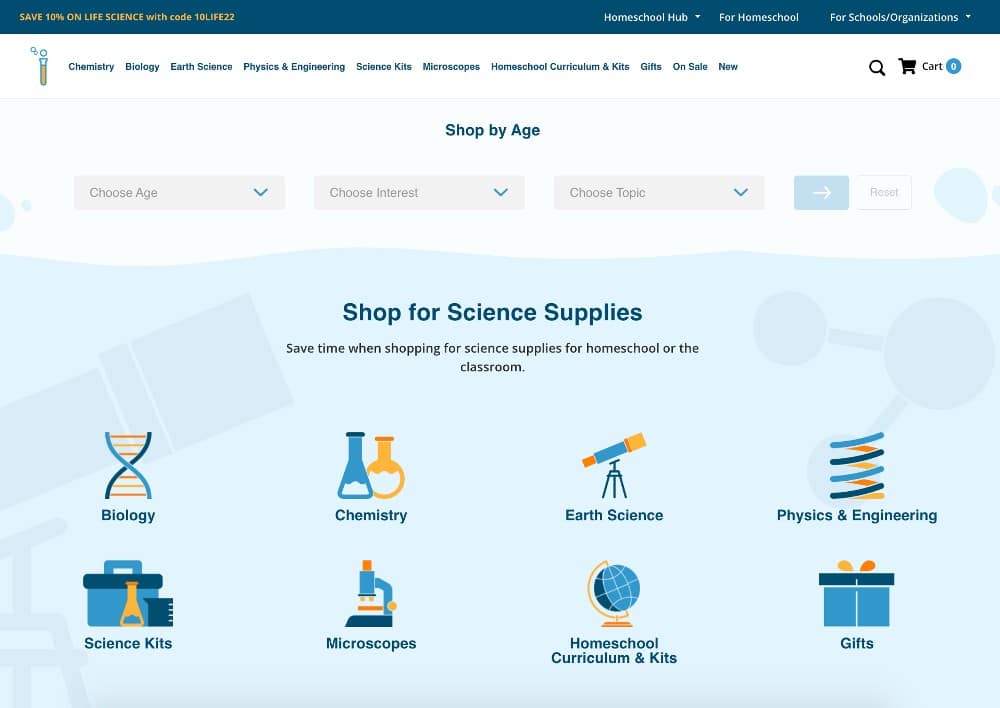 Home science tools guides its visitors to products they need.