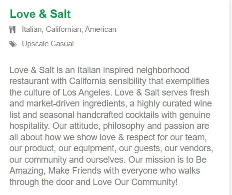 Love and Salt restaurant description.