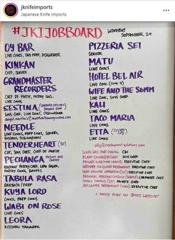one of the most popular restaurant job boards in Los Angeles is a literal whiteboard.