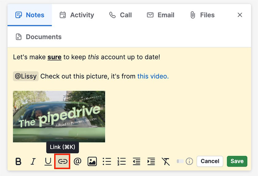 Pipedrive contact notes section to add qualitative data.