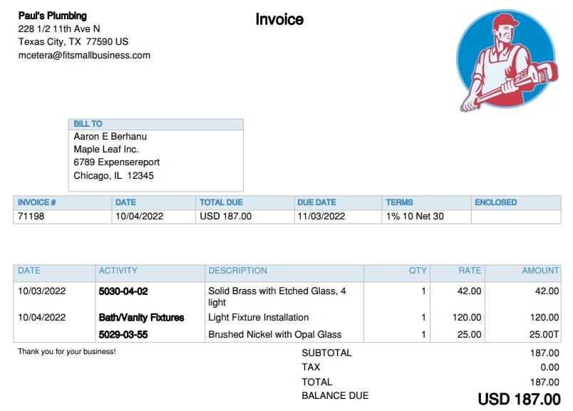 QuickBooks Online Invoice receipt example of HVAC & Plumbing.