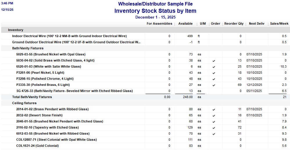 Example image of QuickBooks Retail's inventory stock status by item.
