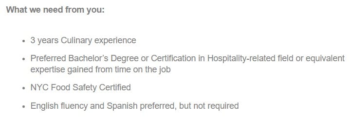 Standard requirement for Line cook positions.
