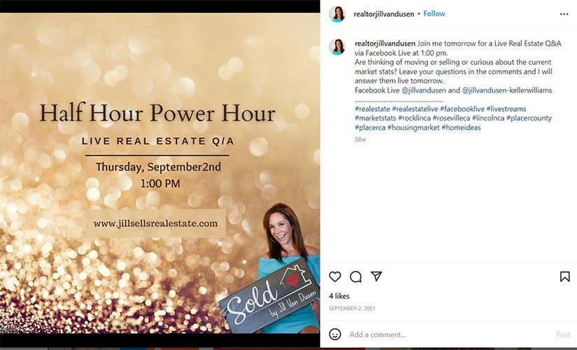 realtorjillvandusen Instagram post inviting viewers to a live Q&A session