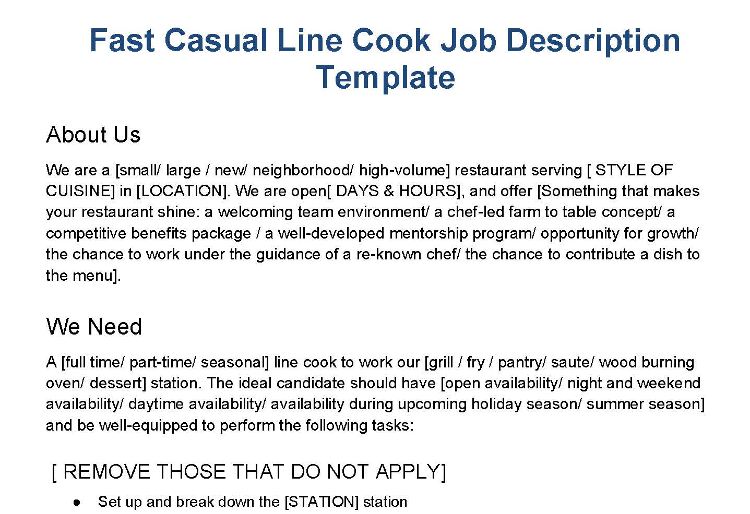 Fast casual line cook job description template.