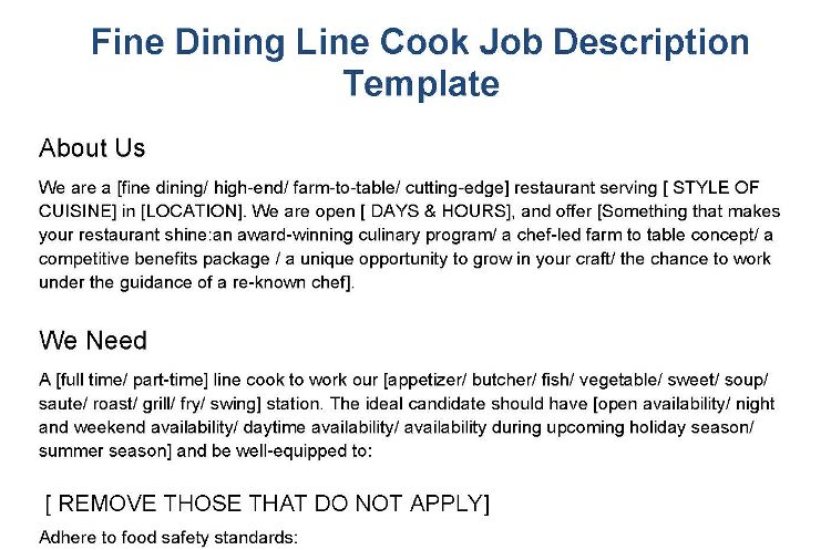 Fine dining line cook job description template.