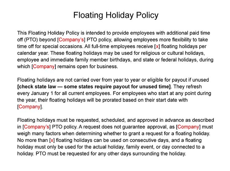 Floating holiday policy template.