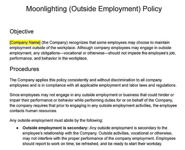 Moonlighting policy template.