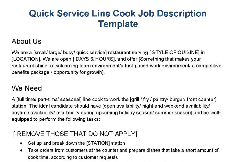 Quick service line cook job description template.