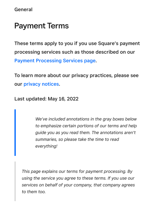 Square Payments Terms of Service.