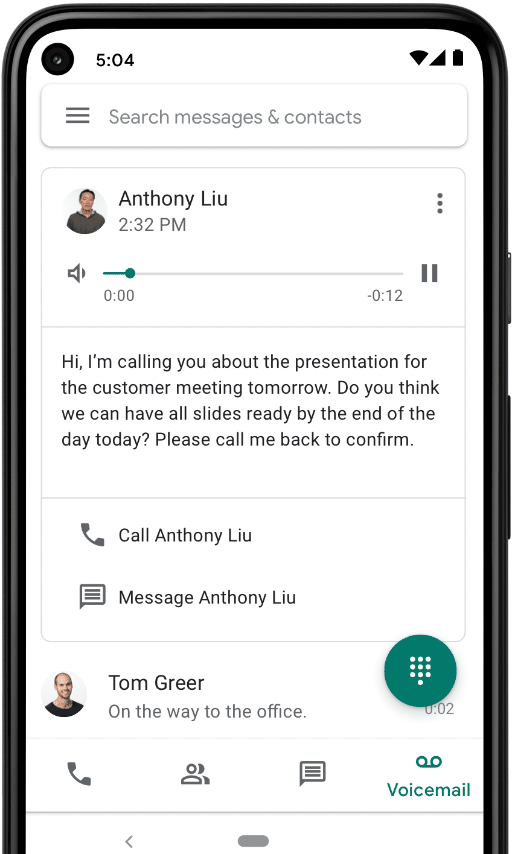 Google Voice voicemail transcription feature