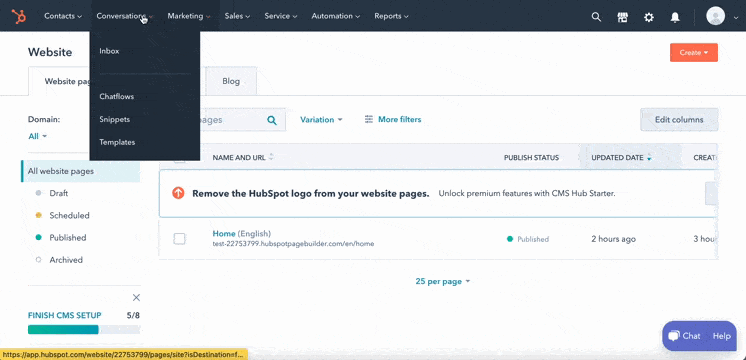 HubSpot chat box with automated chat flow integrations