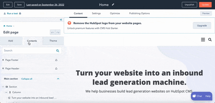 HubSpot website global header settings