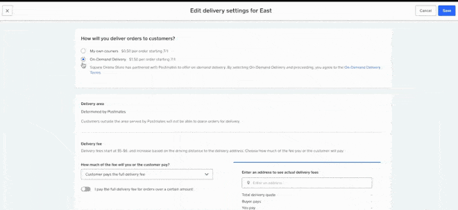 GIF showing editable delivery settings with Square POS with the option to add incentives.