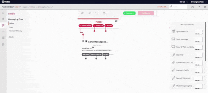 Twilio Studio messaging workflow visual drag-and-drop editor