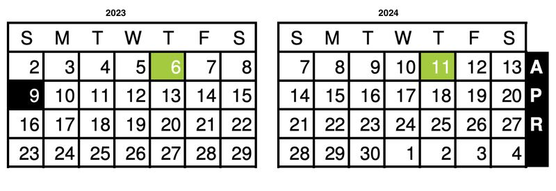 4-4-5 retail calendar showing month of April in 2023 and 2024.