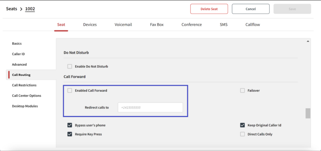 Alt Text: Ooma's call routing settings subtask with a highlighted box over the option to enable call forwarding.