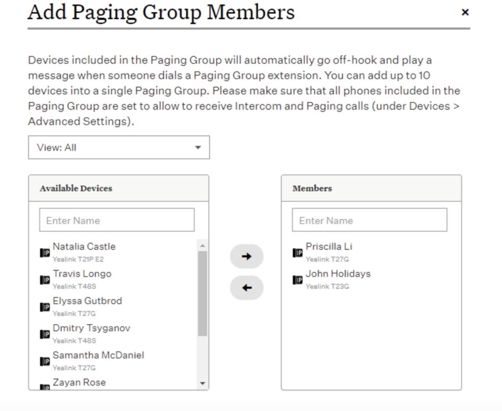 Ooma administrator page for paging groups showing user devices and system members.