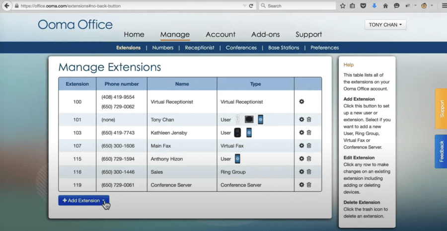 Ooma Office's manage extensions page showing extension details and the option to add an extension.