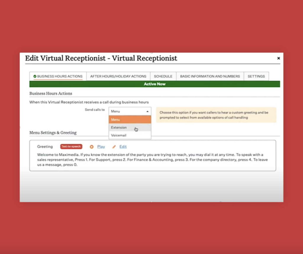 Ooma's virtual receptionist business hours settings page.