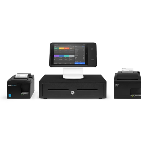Square for Restaurants POS kit including iPad stand, cash drawer, receipt printer, and kitchen printer