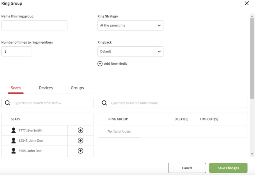 Ring Group settings page with options for ring strategy, and ringback.