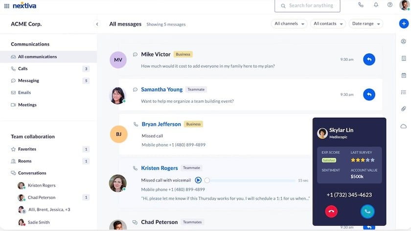 A sample interface of Nextiva's threaded conversations.