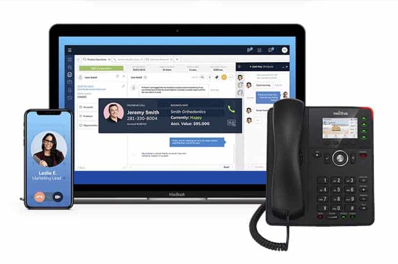 Three options for using Nextiva's phone system, including a desk phone, cell phone, and computer.