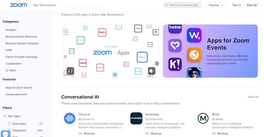 A website view of Zoom App Marketplace.
