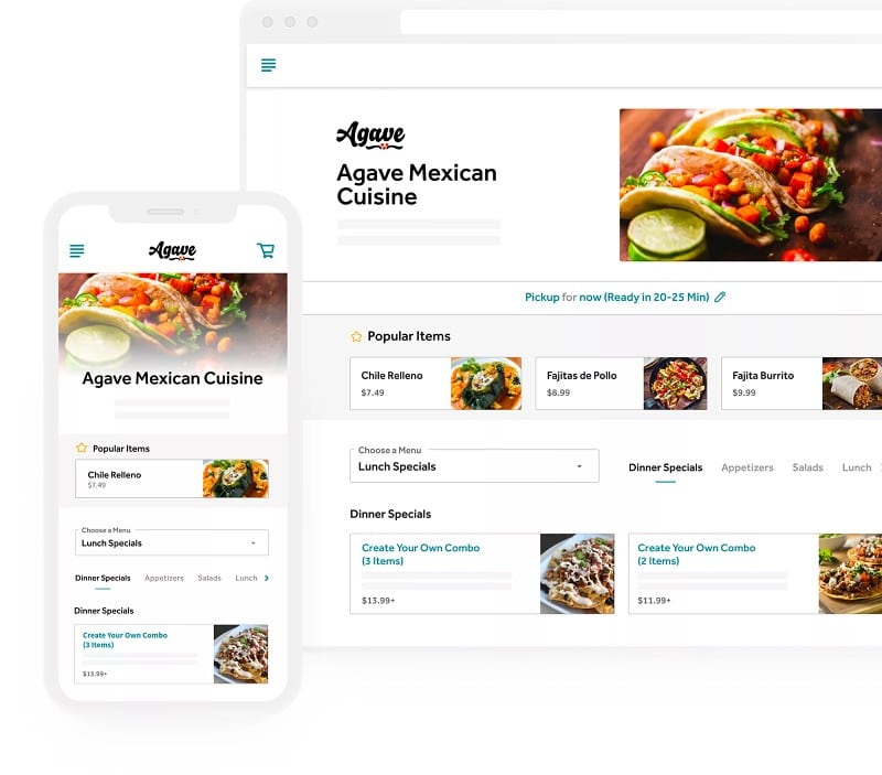 Screenshot of an example of a restaurant website complete with a menu and branding.