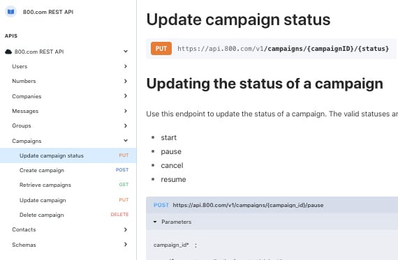800.com REST API dashboard highlighting the option to update campaign status.