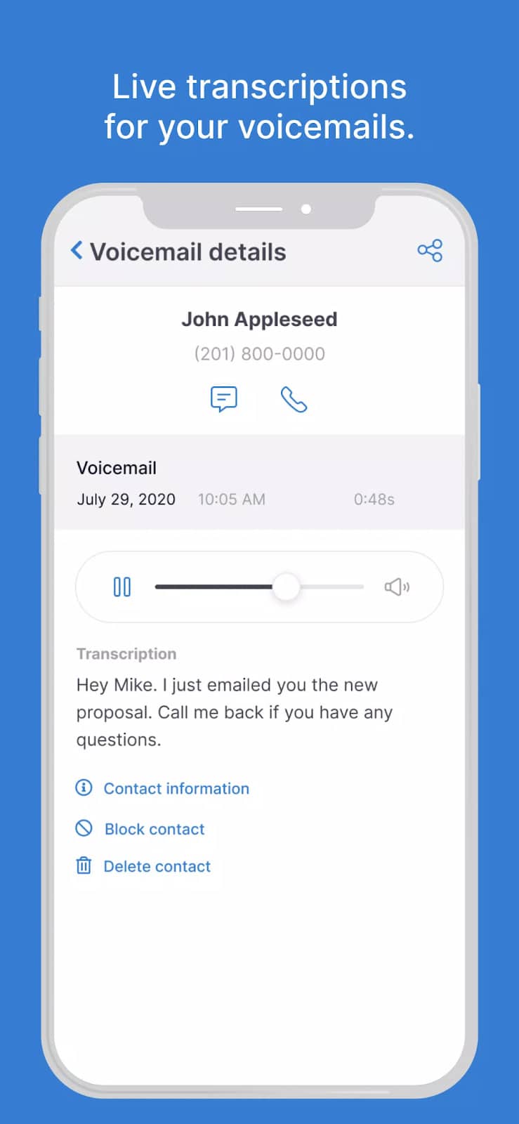 800.com mobile app interface showing a voicemail transcription.