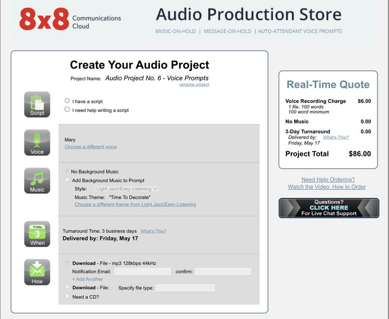  8x8 Audio Production Store showing a box that displays the options for creating an audio project and a smaller box that contains the cost of the project.