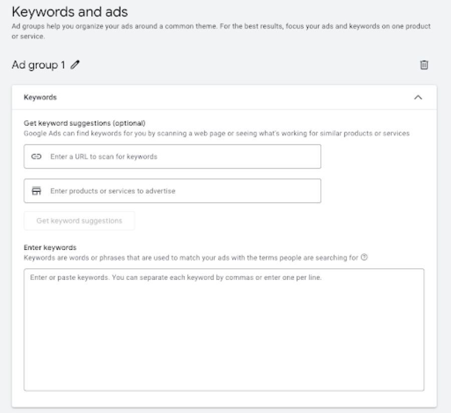 Adding keywords to your Google ad campaign by scanning a URL for keywords or entering your own keywords
