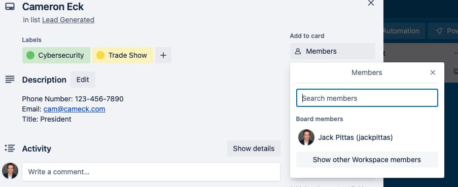 Adding a team member to a Trello card directly.