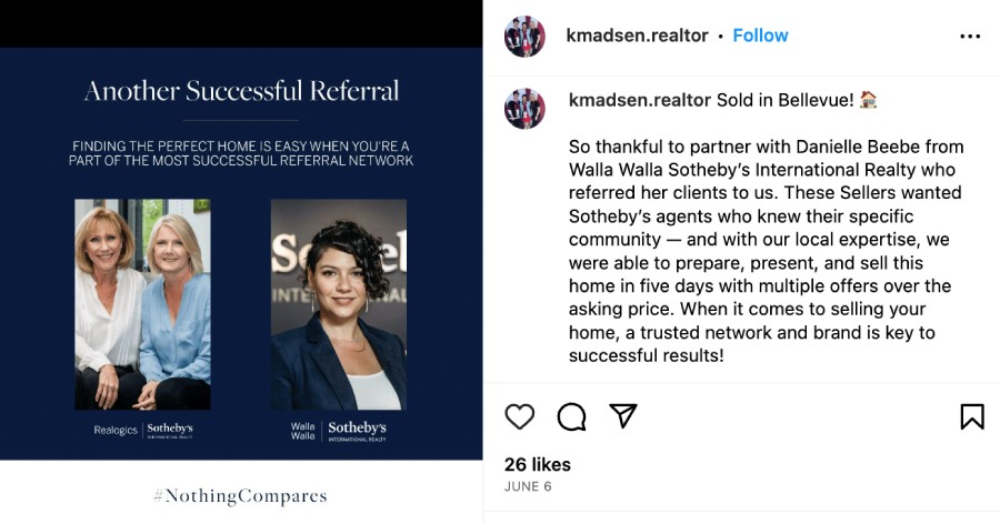 Real estate Instagram post about an agent to agent referral.