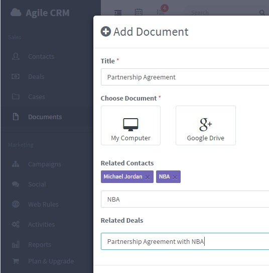 Adding a Google Drive document to a deal in Agile CRM