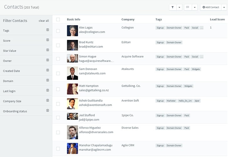 Agile CRM contacts list with lead score and tags