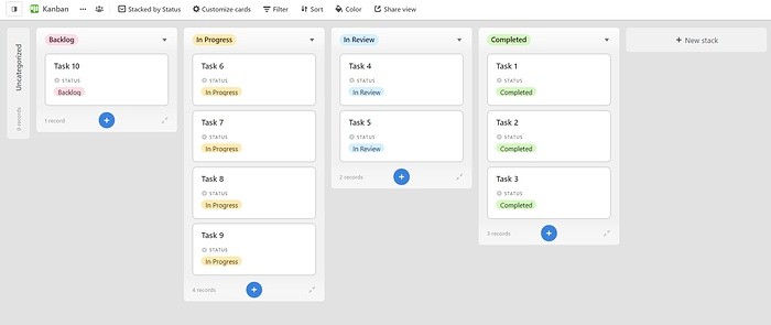 Viewing tasks on kanban board in Airtable.
