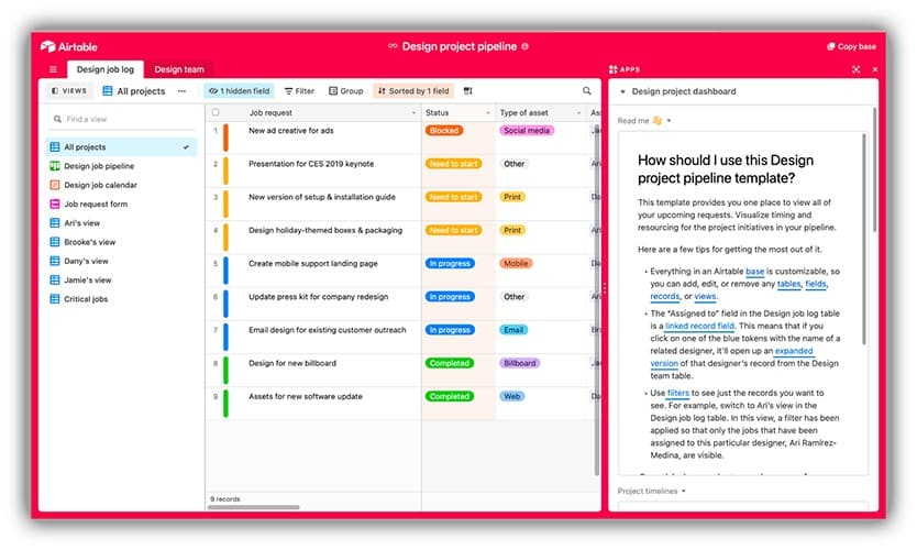 Airtable premade templates instructions dashboard