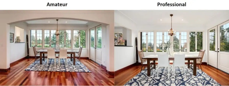 Examples of amateur versus professional photos of a dining room