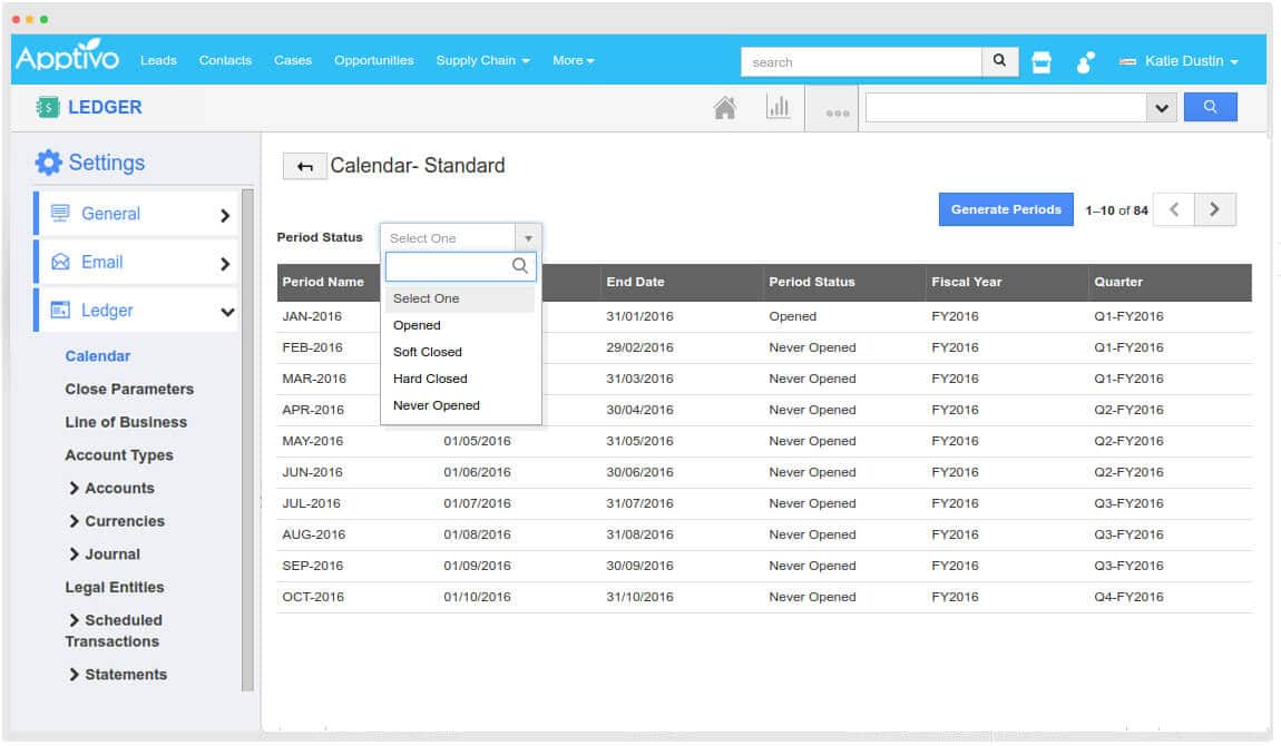 Apptivo Accounting calendar and periods.