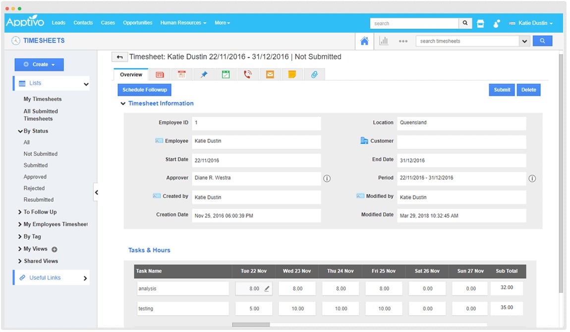 Apptivo Tracking time spent.