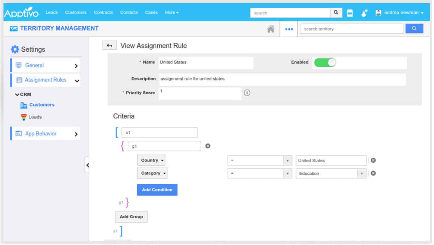 Apptivo assignment rule page.